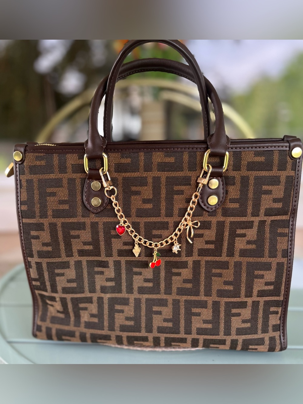 Designer-Inspired Brown Logo Tote Bag with Charm Chain